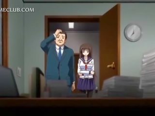 Anime young lady in school uniform blowing large member