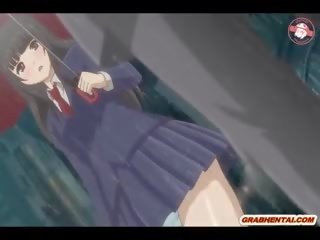 Ýapon anime daughter gets squeezing her süýji emjekler and finger