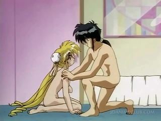 Anime blonde cutie caught naked in bed